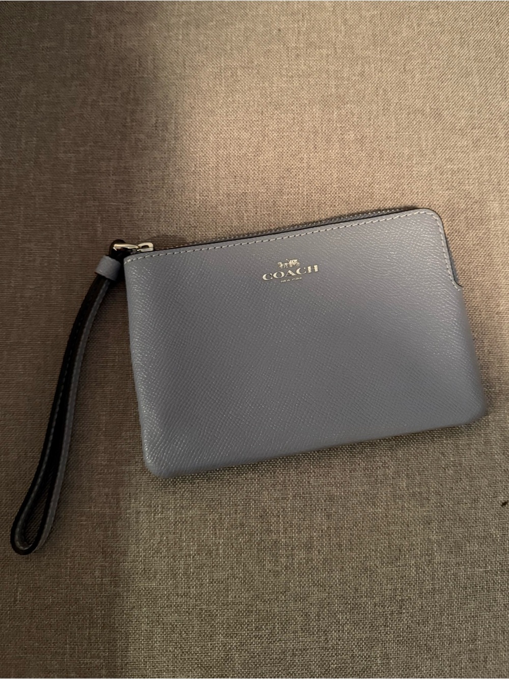 Coach Pebble Leather Wristlet in Slate Blue with Gold Logo